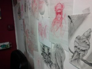 drawings on Chad's wall in his station